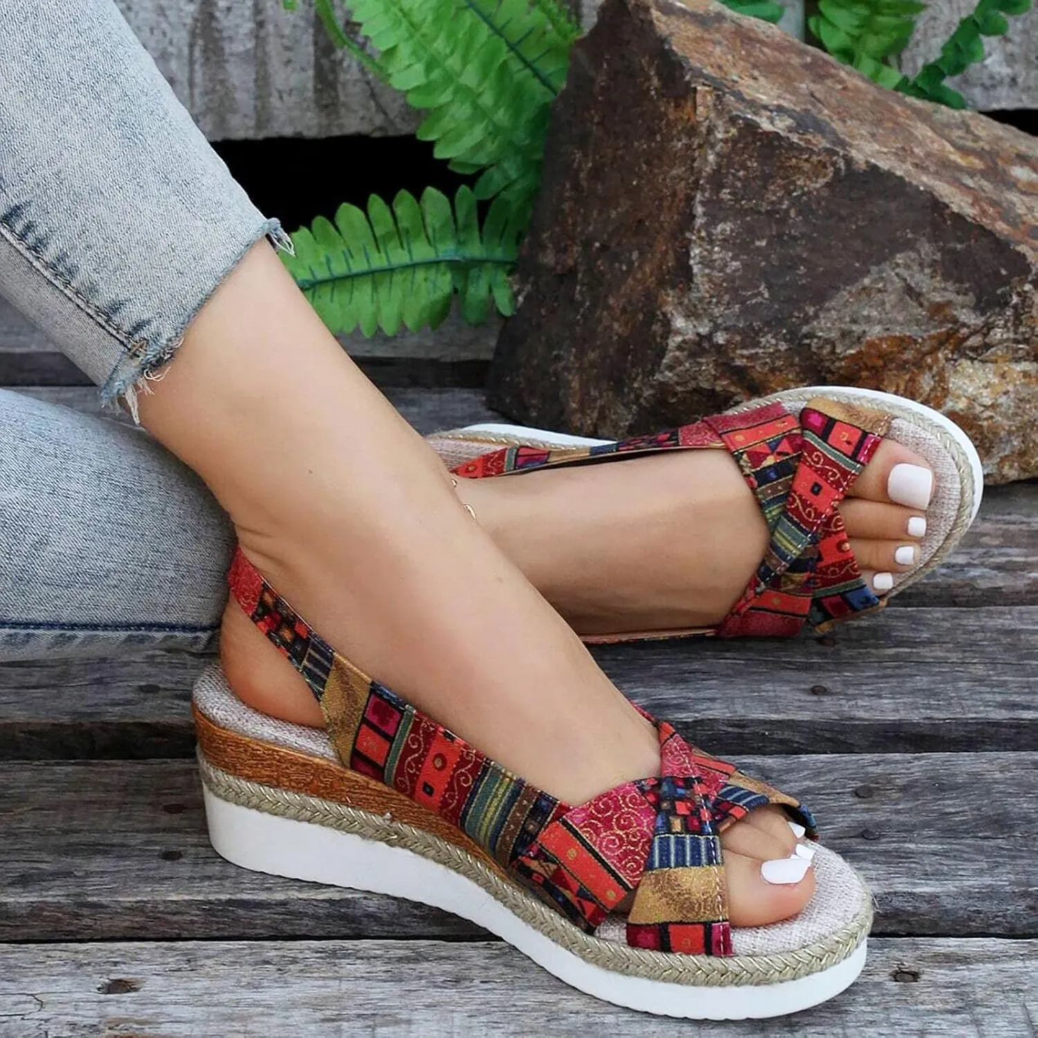 Women's Orthopedic Platform Sandals Summer Casual Bohemian Fashion Print 2025 Open Toe Hollow Out Slingback Sandals Non Slip Comfortable Slip On Walking Beach Sandals