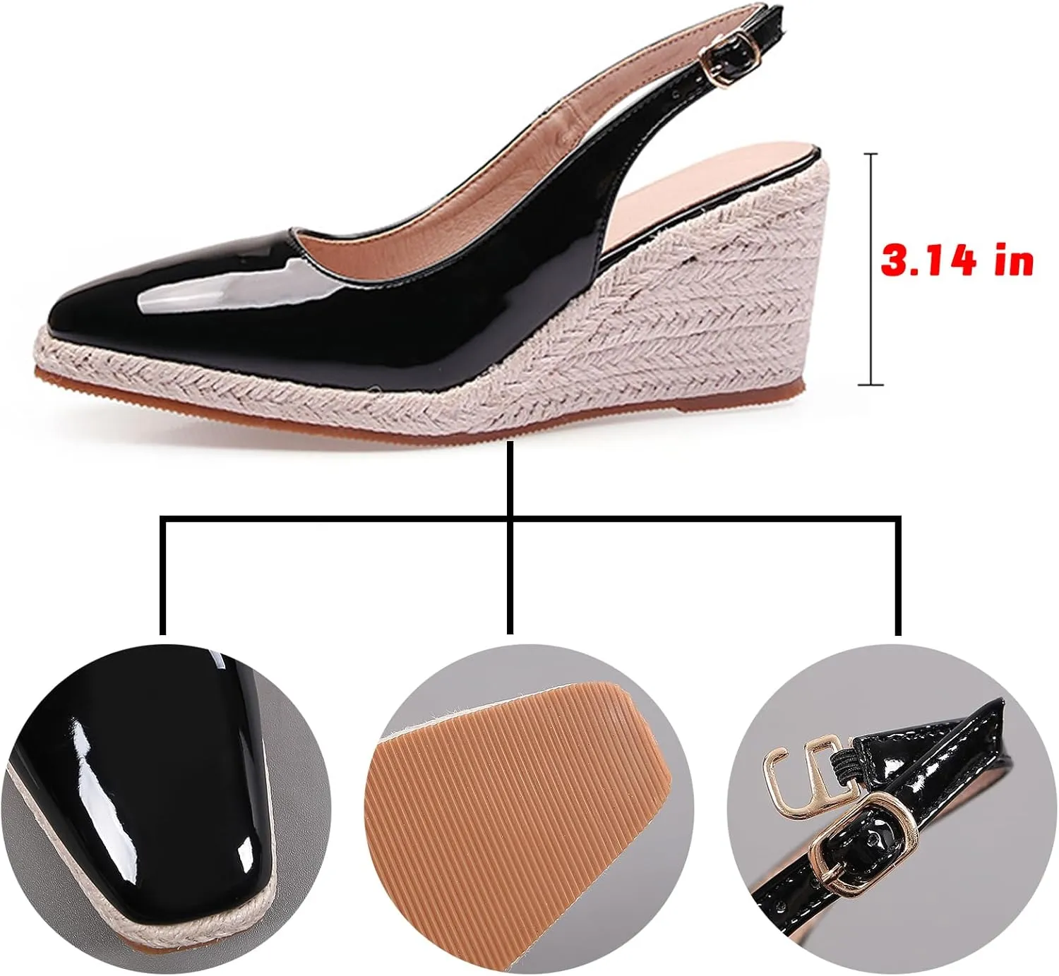 Women'S Patent Leather Square Toe Espadrille Wedge Sandals Closed Toe Slingback Adjustable Ankle Strap Pumps Summer Outdoor Party Comfortable Causal Shoes