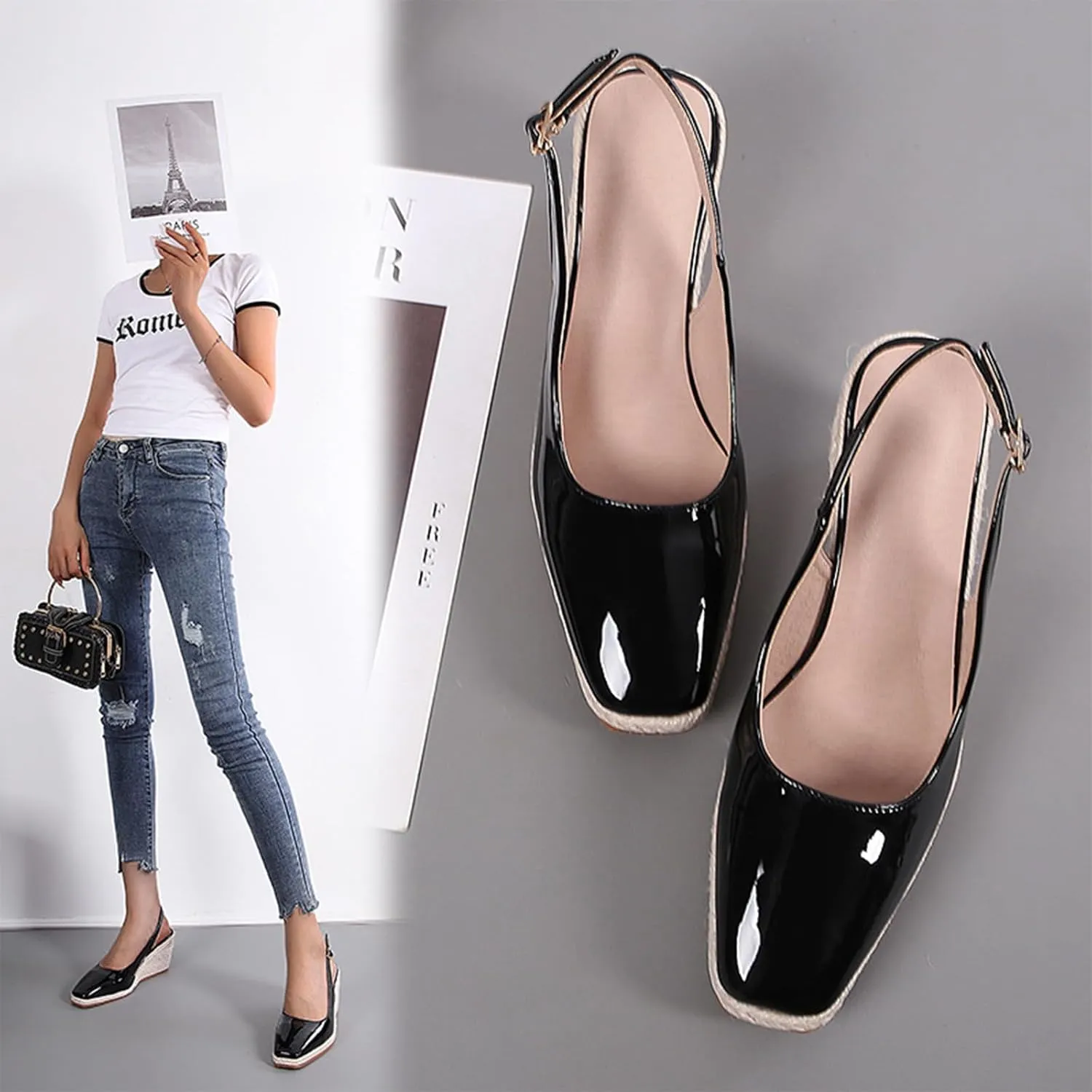 Women'S Patent Leather Square Toe Espadrille Wedge Sandals Closed Toe Slingback Adjustable Ankle Strap Pumps Summer Outdoor Party Comfortable Causal Shoes