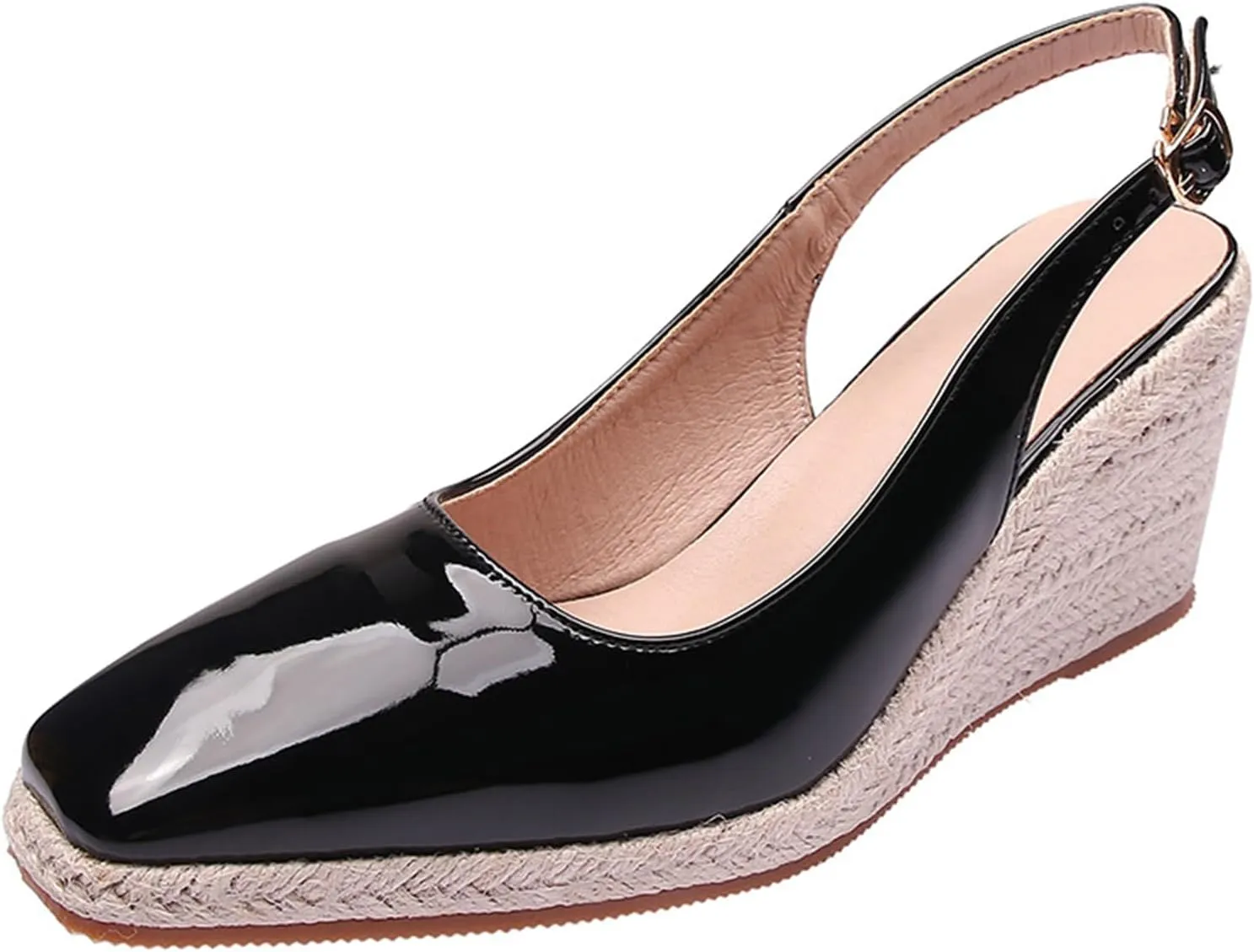 Women'S Patent Leather Square Toe Espadrille Wedge Sandals Closed Toe Slingback Adjustable Ankle Strap Pumps Summer Outdoor Party Comfortable Causal Shoes