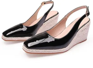Women'S Patent Leather Square Toe Espadrille Wedge Sandals Closed Toe Slingback Adjustable Ankle Strap Pumps Summer Outdoor Party Comfortable Causal Shoes