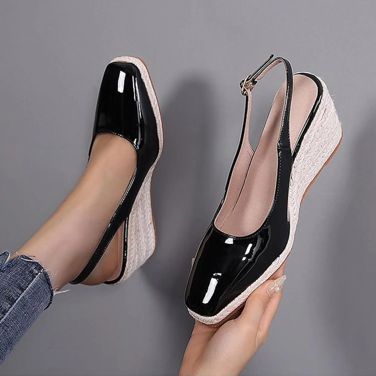 Women'S Patent Leather Square Toe Espadrille Wedge Sandals Closed Toe Slingback Adjustable Ankle Strap Pumps Summer Outdoor Party Comfortable Causal Shoes