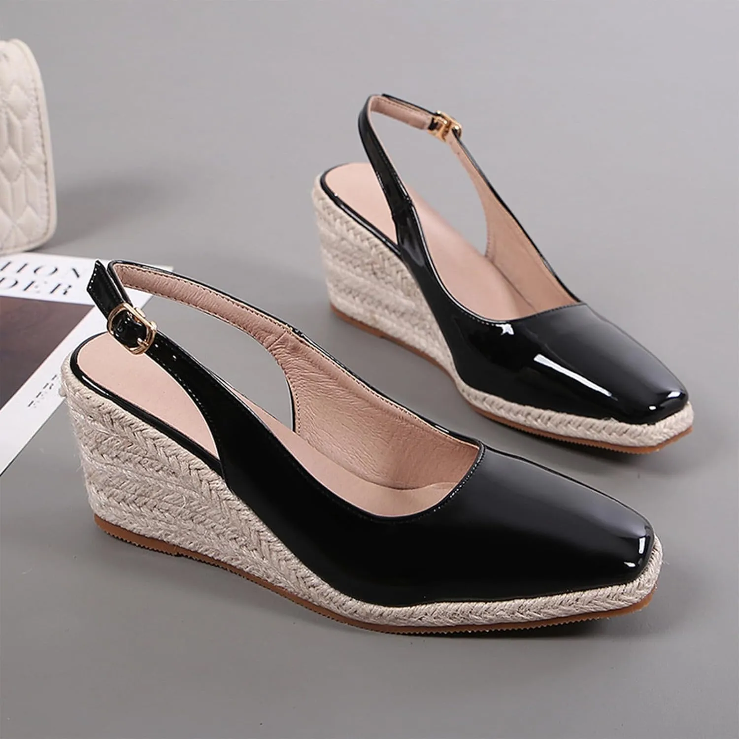 Women'S Patent Leather Square Toe Espadrille Wedge Sandals Closed Toe Slingback Adjustable Ankle Strap Pumps Summer Outdoor Party Comfortable Causal Shoes