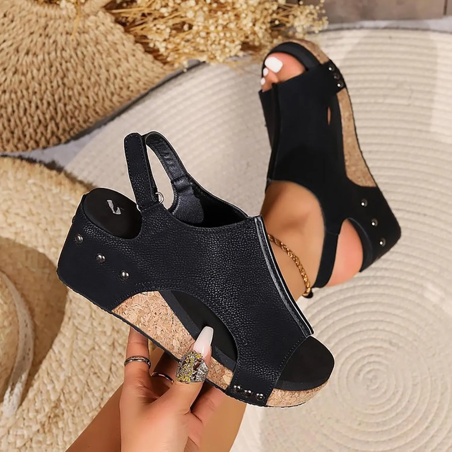 Women's Platform Wedge Sandals, Platform Wedge Sandals 2025 Summer Dressy Heels Bohemia Buckle Ankle Strap Wedge Sandal Comfortable Open-Toe Wedding Party Shoes
