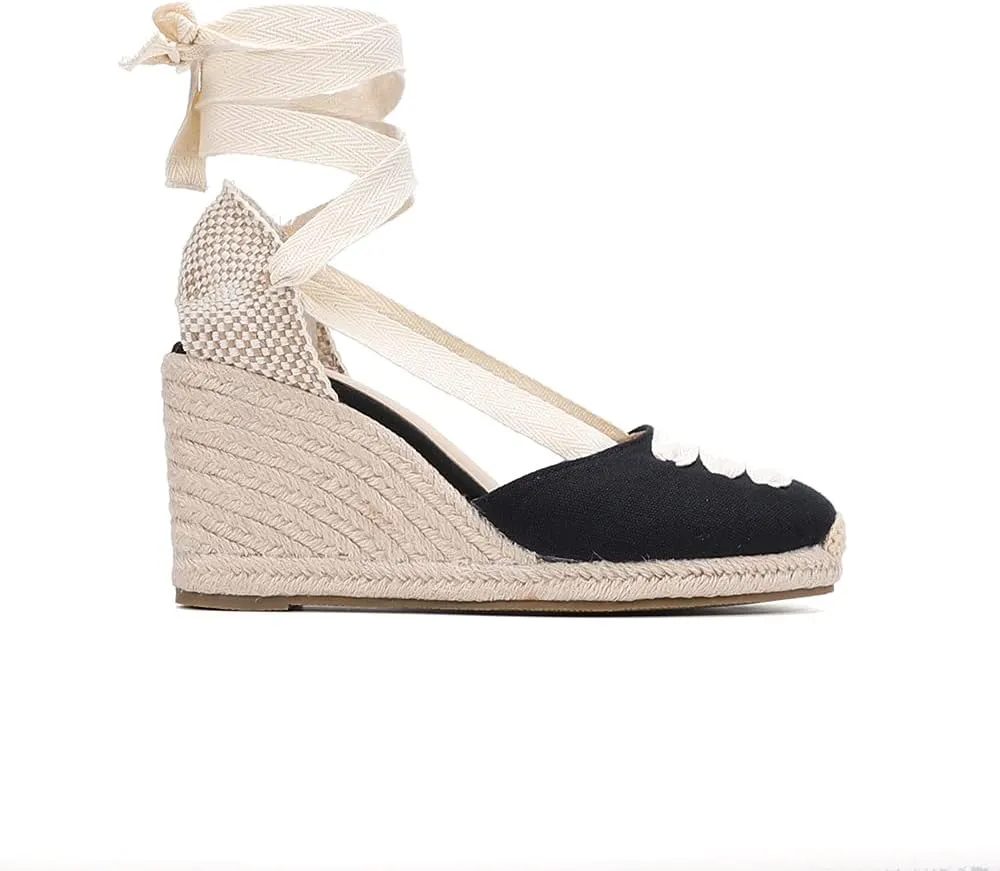 Women’s Platform Wedges Espadrilles, 3" Wedge, Soft Ankle-Tie Strap, Closed Toe, Classic Summer Sandals