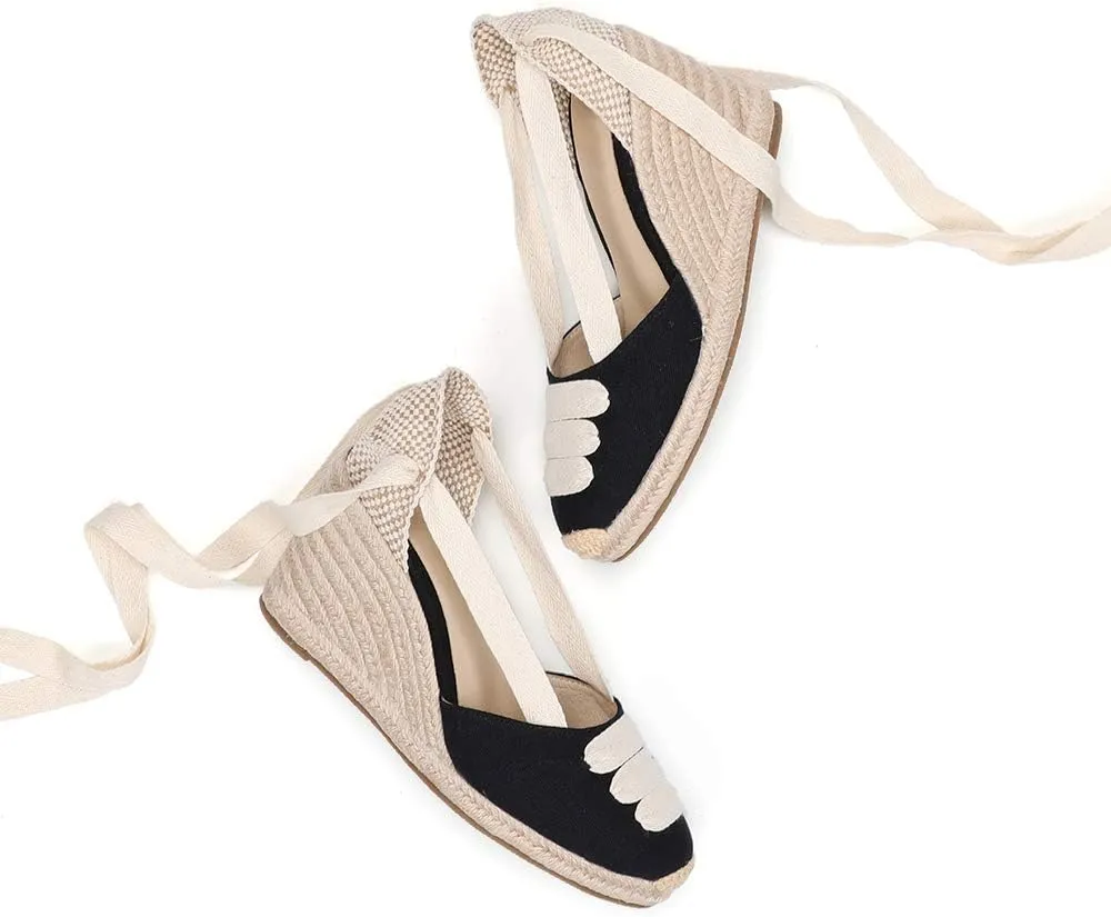 Women’s Platform Wedges Espadrilles, 3" Wedge, Soft Ankle-Tie Strap, Closed Toe, Classic Summer Sandals