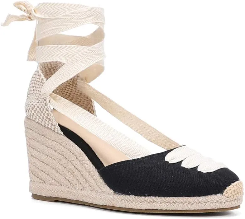 Women’s Platform Wedges Espadrilles, 3" Wedge, Soft Ankle-Tie Strap, Closed Toe, Classic Summer Sandals