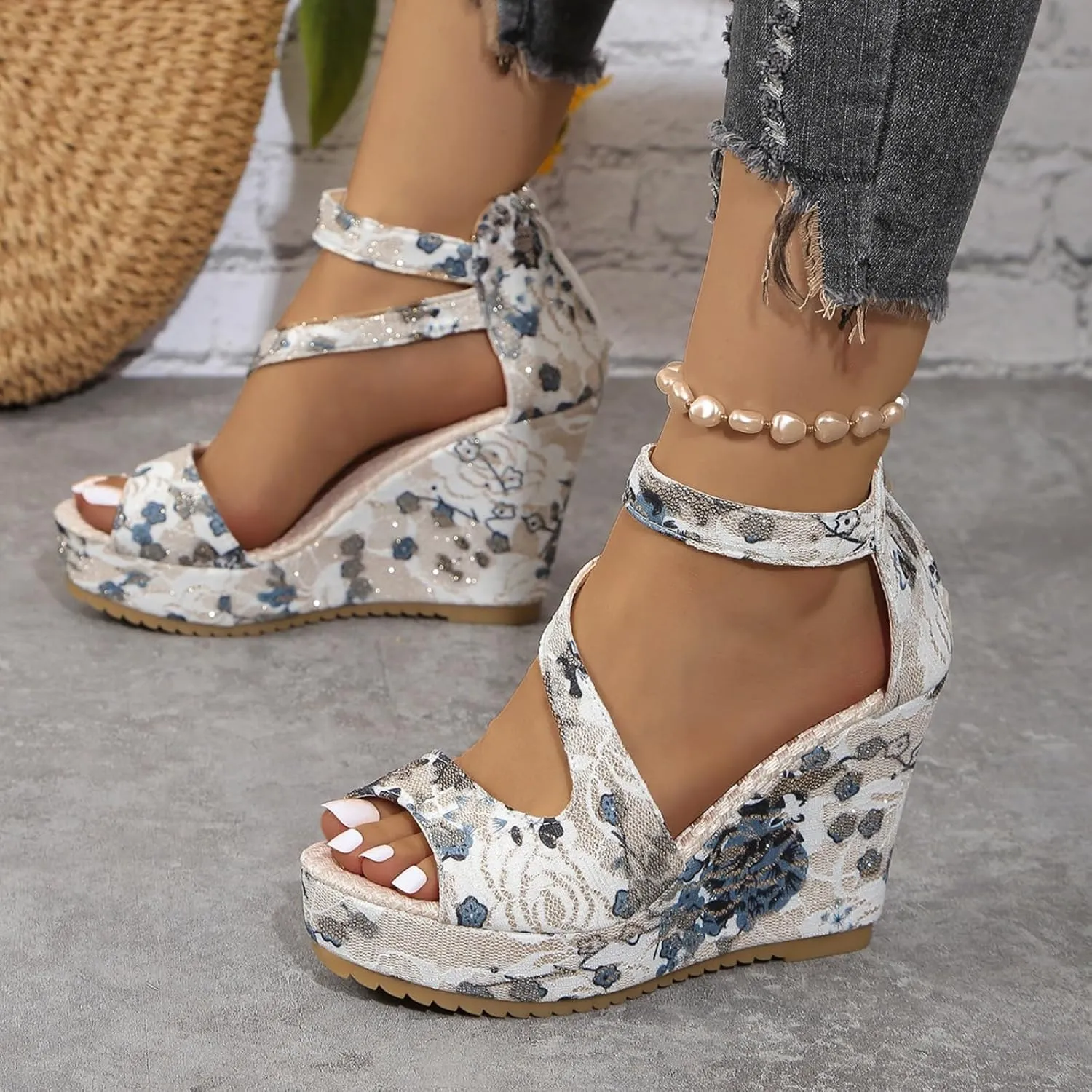 Women's Printed Platform High Heels Open Peep Toe Sandals Fashion Wedge Ankle Strap Back Zipper Slope Espadrille Casual Comfortable Floral Pattern Thick Sole Slip No Summer Sandal Shoes