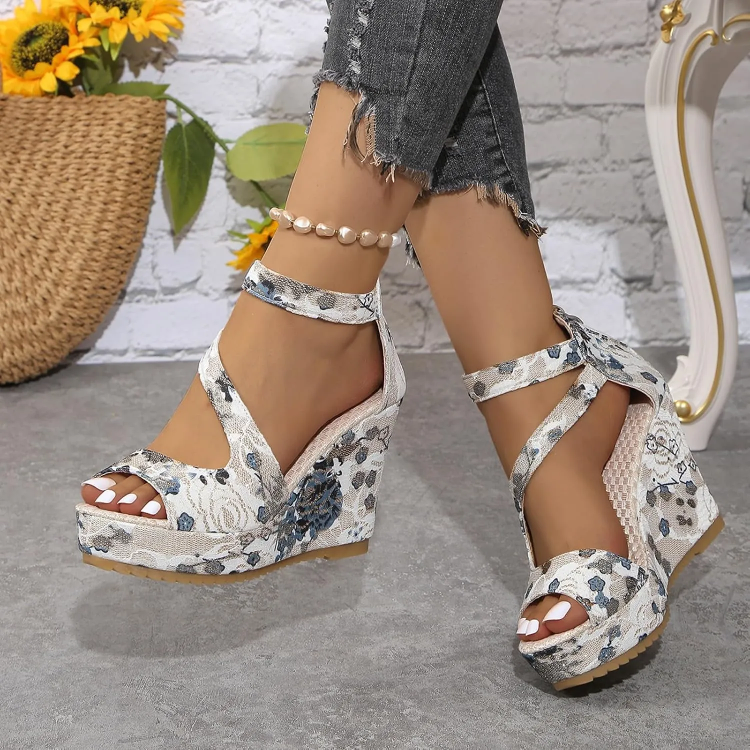 Women's Printed Platform High Heels Open Peep Toe Sandals Fashion Wedge Ankle Strap Back Zipper Slope Espadrille Casual Comfortable Floral Pattern Thick Sole Slip No Summer Sandal Shoes