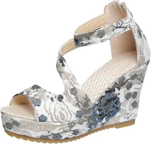 Women's Printed Platform High Heels Open Peep Toe Sandals Fashion Wedge Ankle Strap Back Zipper Slope Espadrille Casual Comfortable Floral Pattern Thick Sole Slip No Summer Sandal Shoes