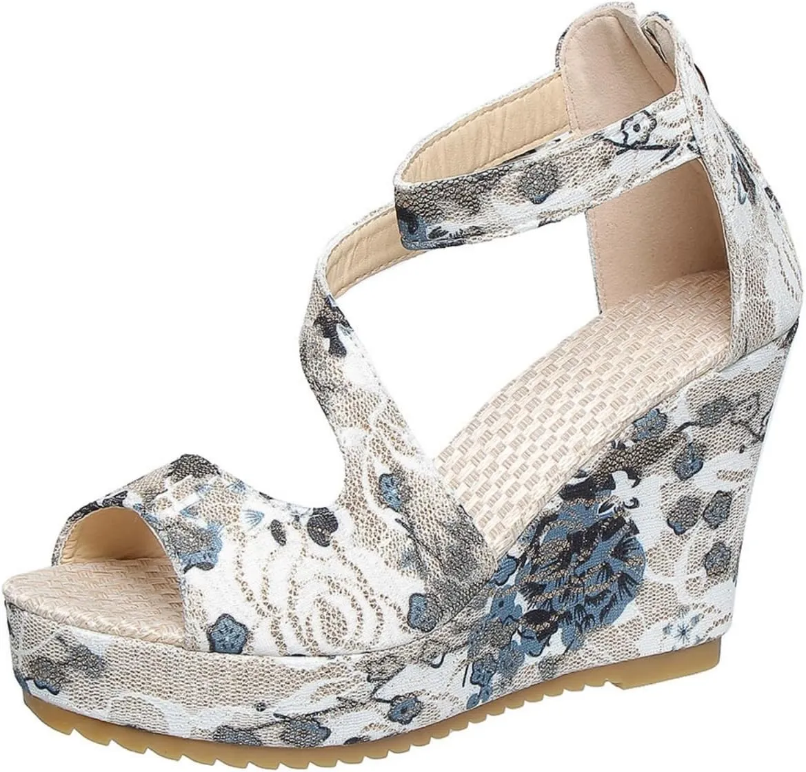 Women's Printed Platform High Heels Open Peep Toe Sandals Fashion Wedge Ankle Strap Back Zipper Slope Espadrille Casual Comfortable Floral Pattern Thick Sole Slip No Summer Sandal Shoes