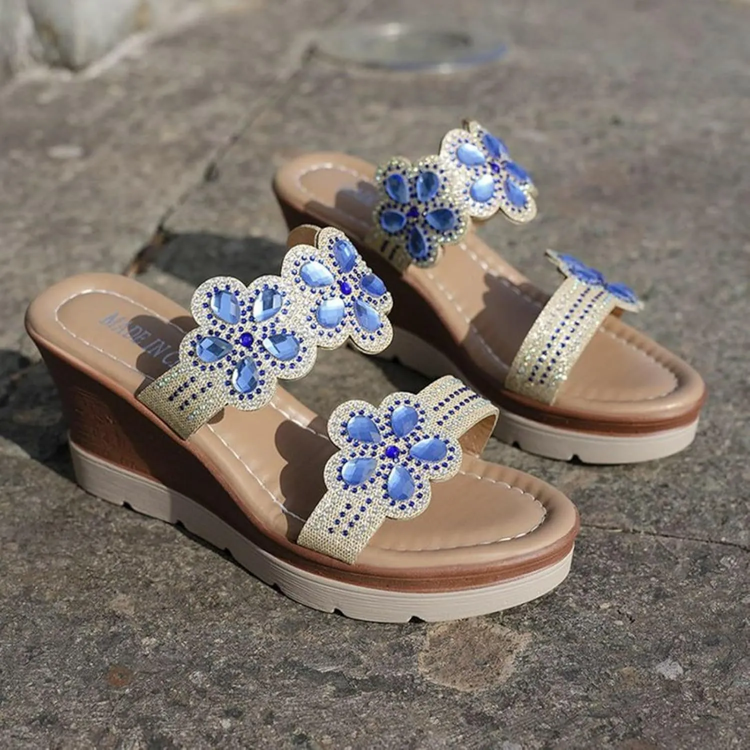 Women's Rhinestone Wedge Fashion Bohemian Sandals 2025 Open Toe Wedge Slip On Glitter Rhinestones Low Wedges Comfortable Casual Slippers Shiny Wedding Dress Wide Sandals with Arch Support