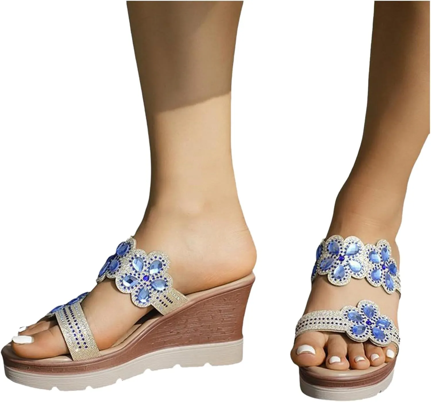 Women's Rhinestone Wedge Fashion Bohemian Sandals 2025 Open Toe Wedge Slip On Glitter Rhinestones Low Wedges Comfortable Casual Slippers Shiny Wedding Dress Wide Sandals with Arch Support
