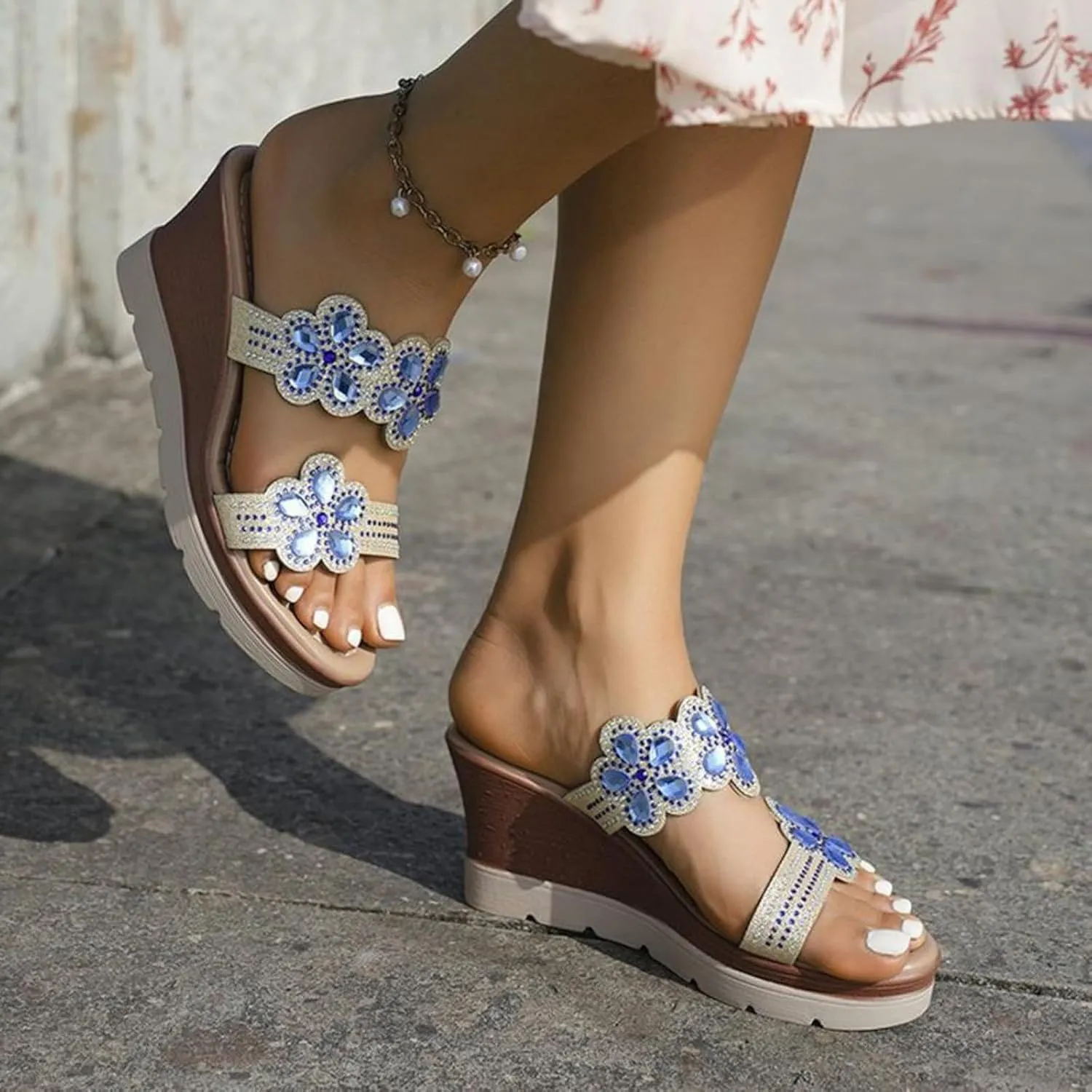 Women's Rhinestone Wedge Fashion Bohemian Sandals 2025 Open Toe Wedge Slip On Glitter Rhinestones Low Wedges Comfortable Casual Slippers Shiny Wedding Dress Wide Sandals with Arch Support