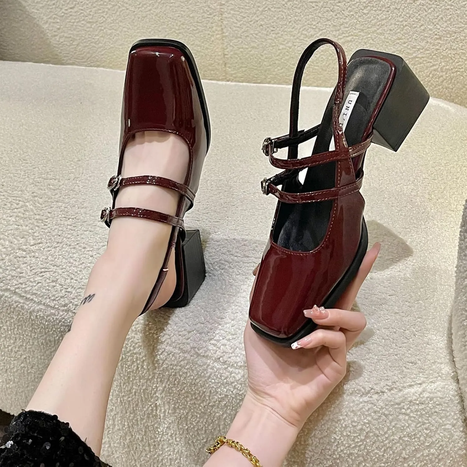 Women's Slingback Chunky Heels Mary Janes Pumps Patent Leather Block Low Heel Adjustable Buckle Dress Shoes for Party Work Dress Shoes