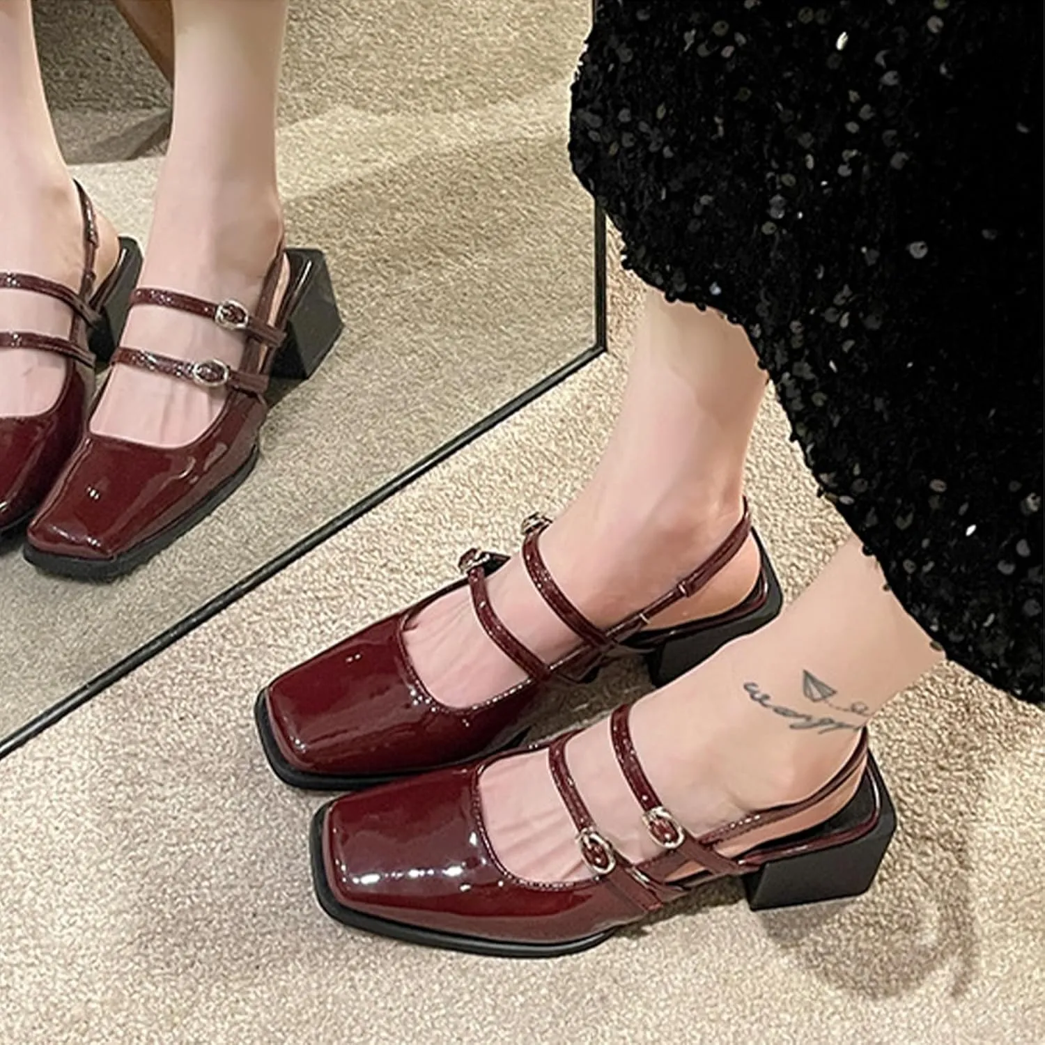 Women's Slingback Chunky Heels Mary Janes Pumps Patent Leather Block Low Heel Adjustable Buckle Dress Shoes for Party Work Dress Shoes