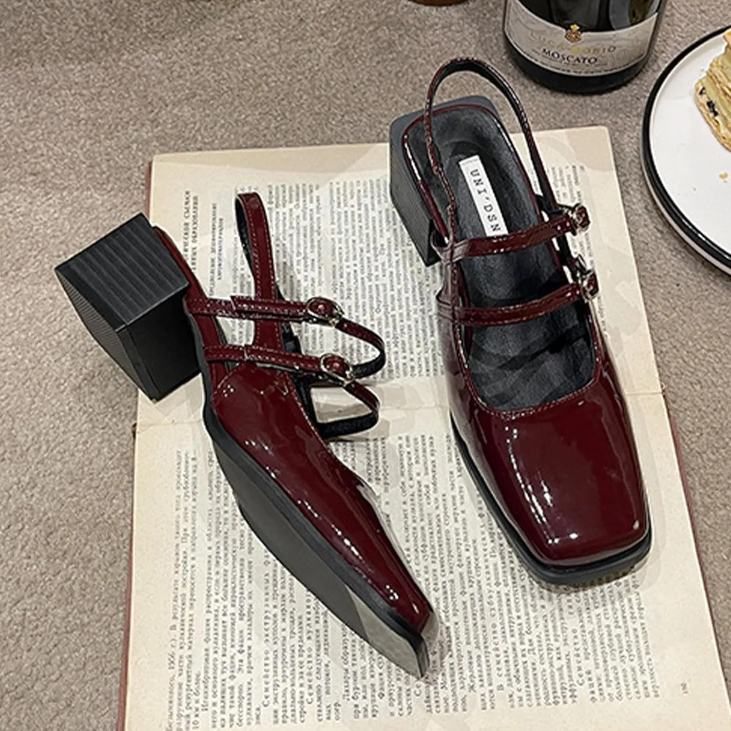 Women's Slingback Chunky Heels Mary Janes Pumps Patent Leather Block Low Heel Adjustable Buckle Dress Shoes for Party Work Dress Shoes