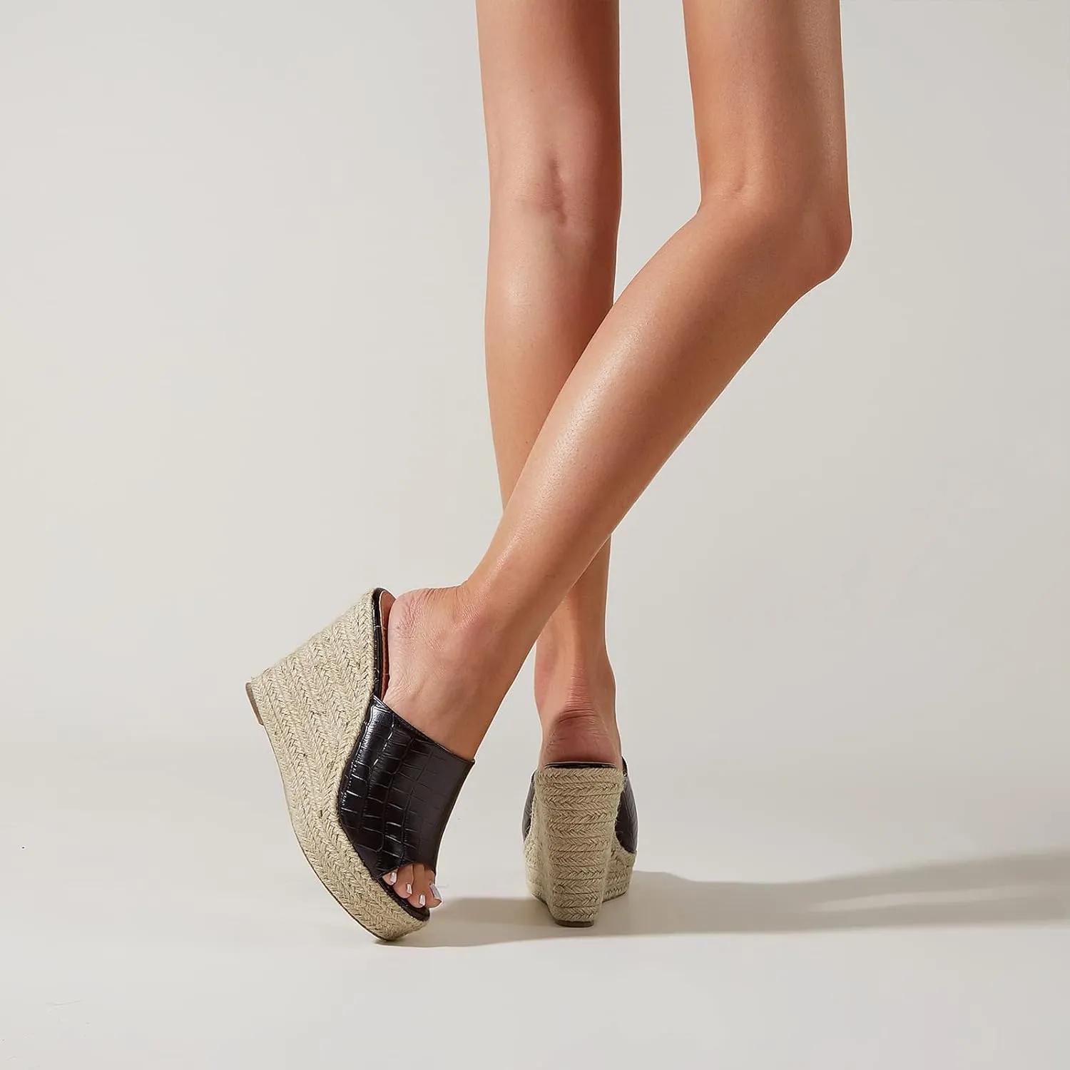 Women's Slip On Espadrille Wedge Open Toe Sandals Vintage Stone Print Comfortable Fish Mouth Slippers Summer Casual Non-Slip Chunky Beach Sandals