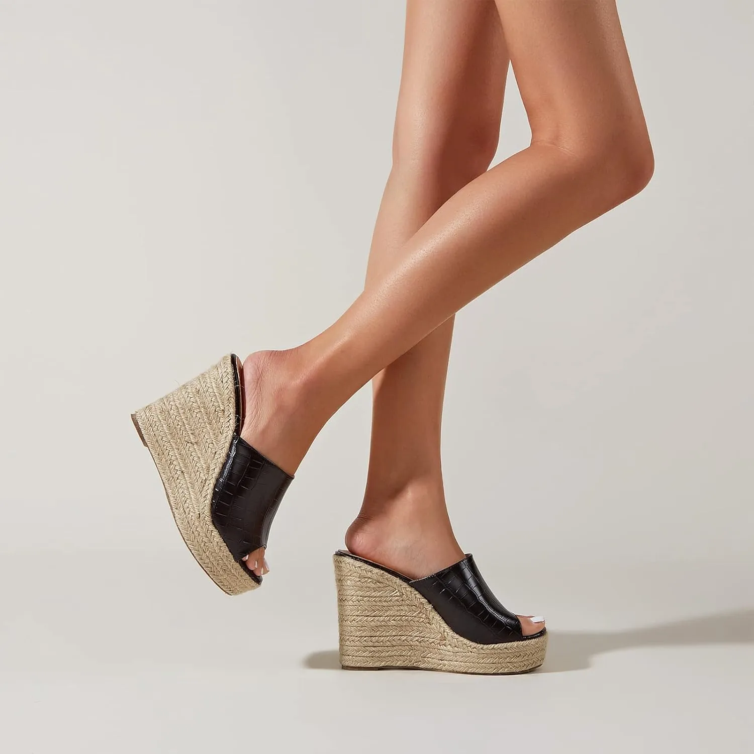 Women's Slip On Espadrille Wedge Open Toe Sandals Vintage Stone Print Comfortable Fish Mouth Slippers Summer Casual Non-Slip Chunky Beach Sandals