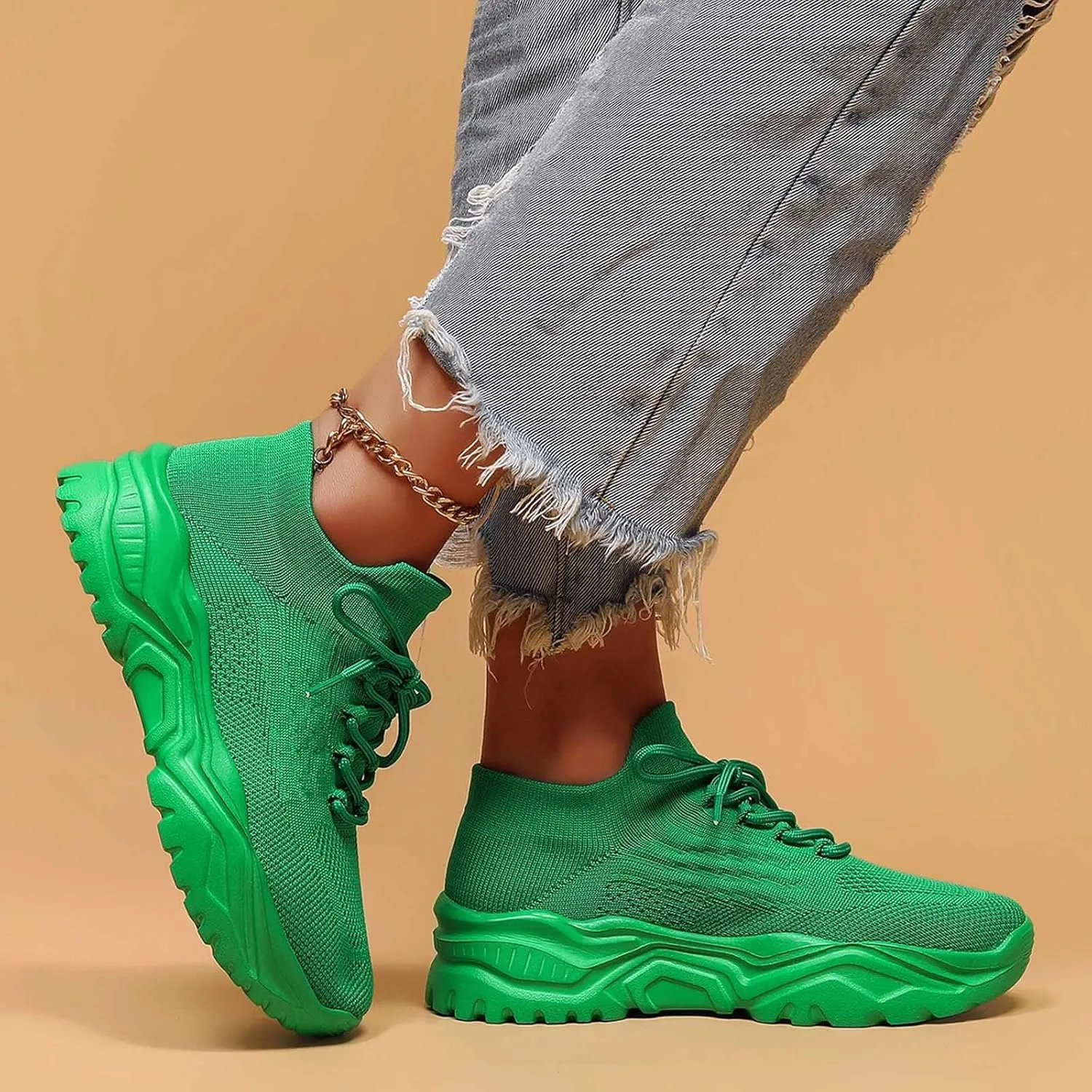 Women's Solid Color Fashion Four Season Lace Up Sneakers Solid Color Flying Woven Running Shoes Women's Water Shoes
