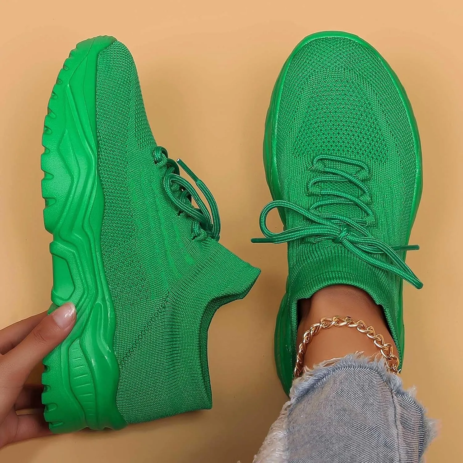 Women's Solid Color Fashion Four Season Lace Up Sneakers Solid Color Flying Woven Running Shoes Women's Water Shoes