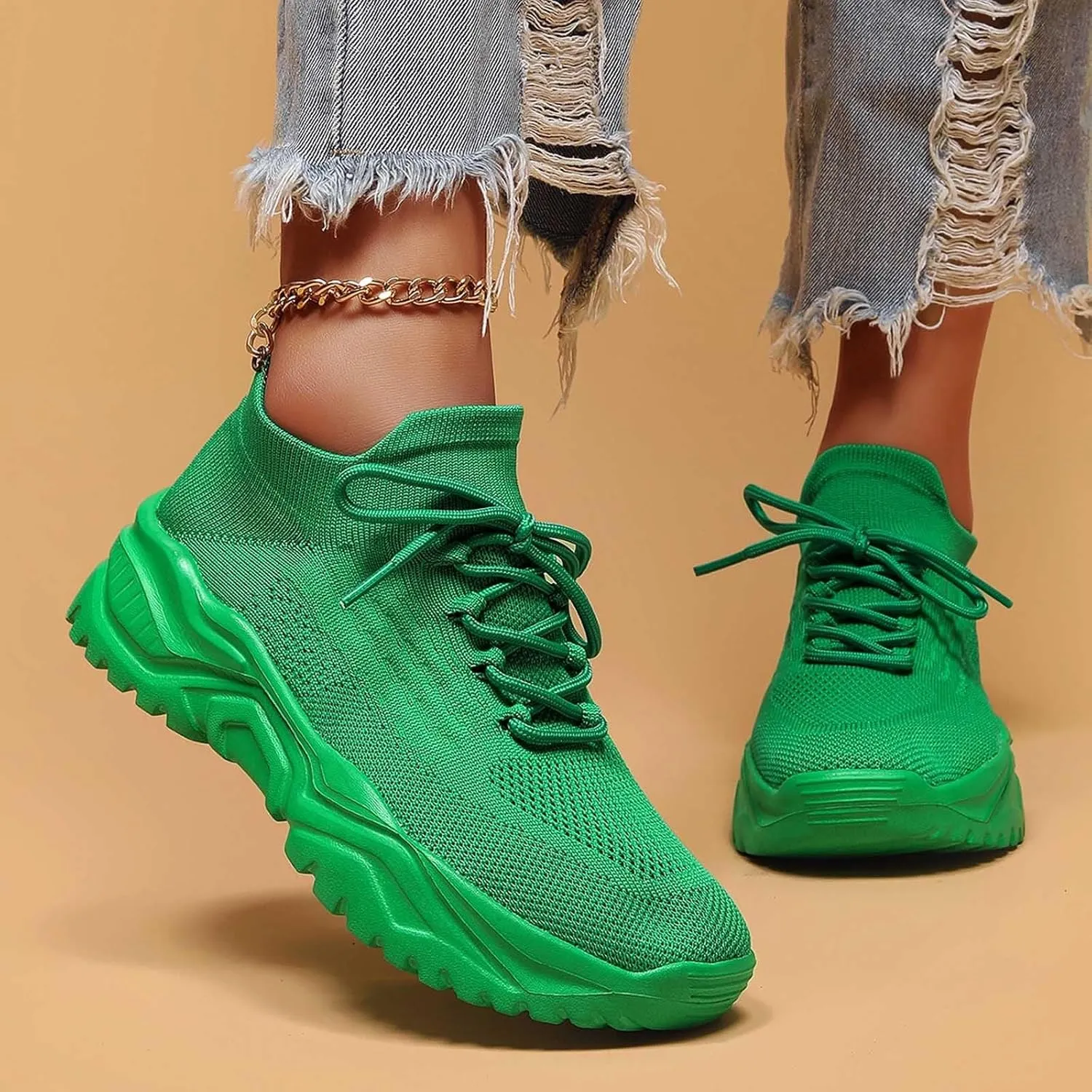 Women's Solid Color Fashion Four Season Lace Up Sneakers Solid Color Flying Woven Running Shoes Women's Water Shoes