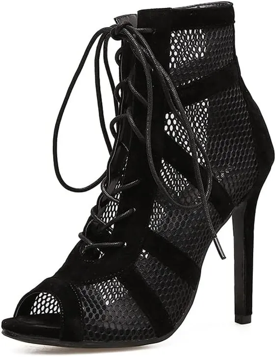 Women's Stiletto High Heels Sandals Ankle Booties Open Toe Lace Up Gladiator Shoes Party Pump Heel Criss Cross Strappy Sandals (Color : Black, Size : 8 US)