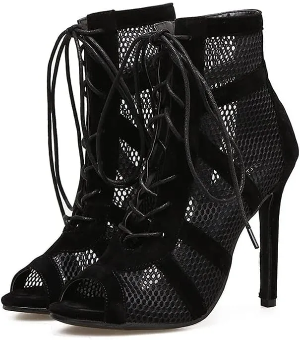 Women's Stiletto High Heels Sandals Ankle Booties Open Toe Lace Up Gladiator Shoes Party Pump Heel Criss Cross Strappy Sandals (Color : Black, Size : 8 US)