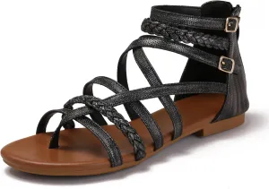 Women's Summer Strappy Flat Sandals Ankle Strap Gladiator Shoes Open Toe Sparkly Straps Dressy Fisherman Thong Sandals for Walking Beach Vacation