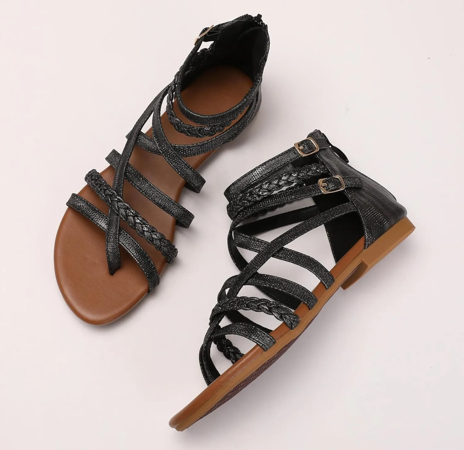 Women's Summer Strappy Flat Sandals Ankle Strap Gladiator Shoes Open Toe Sparkly Straps Dressy Fisherman Thong Sandals for Walking Beach Vacation