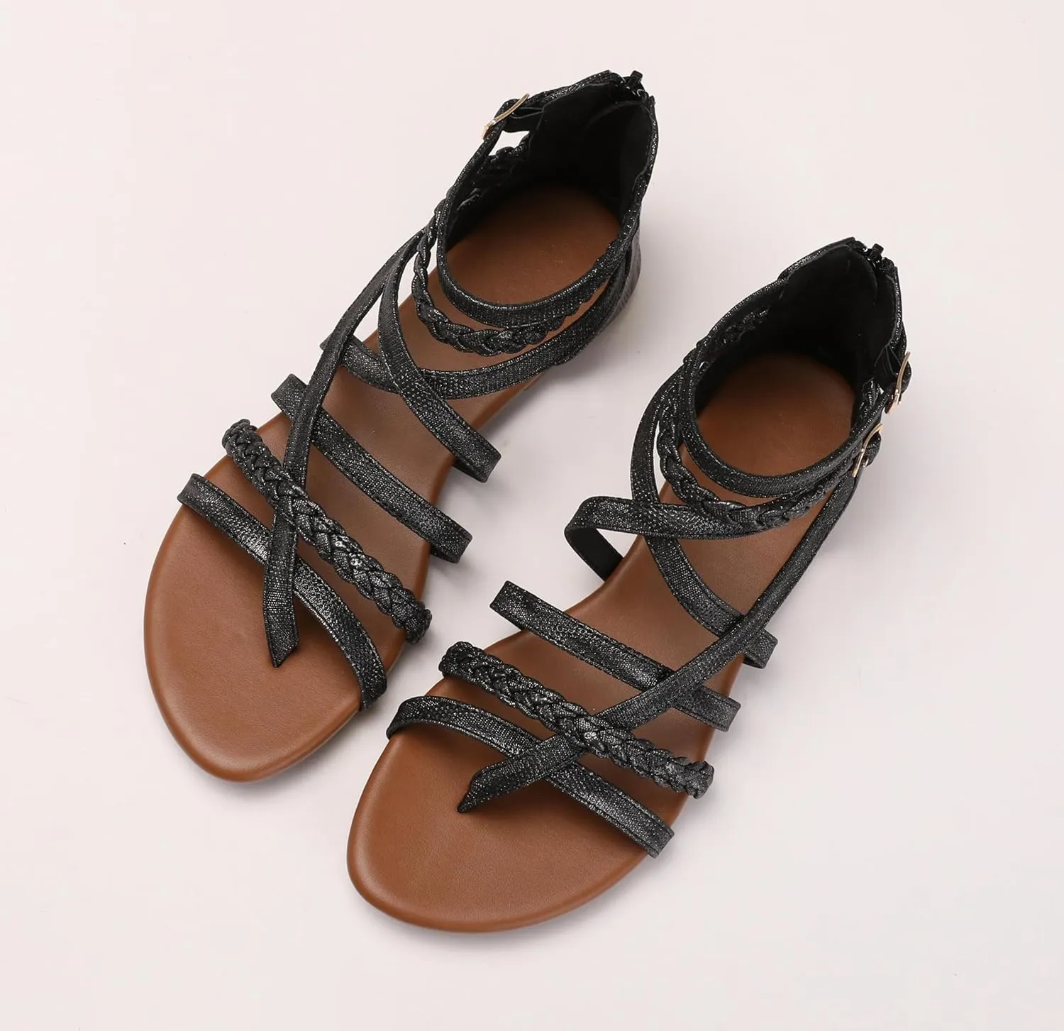 Women's Summer Strappy Flat Sandals Ankle Strap Gladiator Shoes Open Toe Sparkly Straps Dressy Fisherman Thong Sandals for Walking Beach Vacation