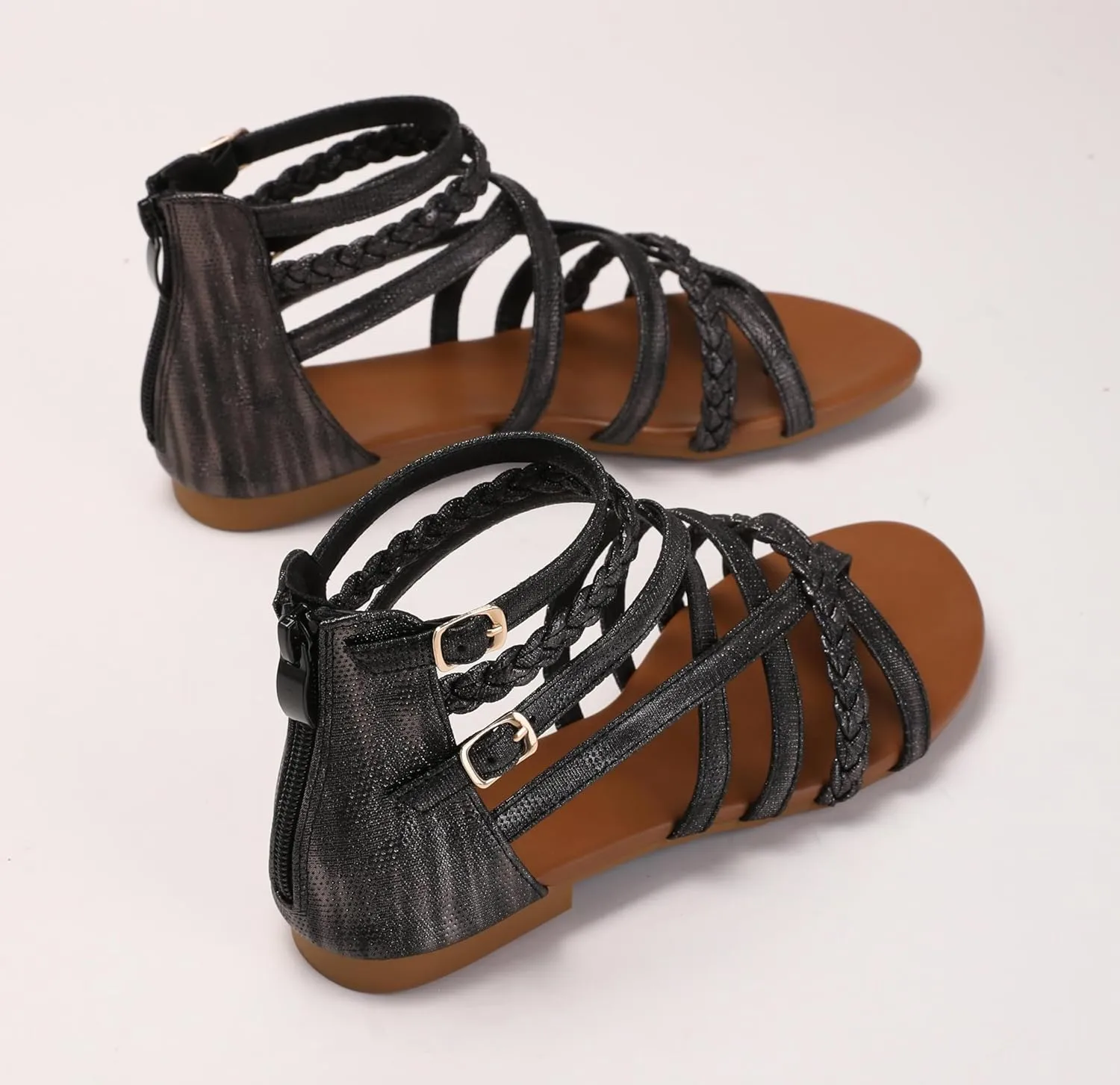 Women's Summer Strappy Flat Sandals Ankle Strap Gladiator Shoes Open Toe Sparkly Straps Dressy Fisherman Thong Sandals for Walking Beach Vacation
