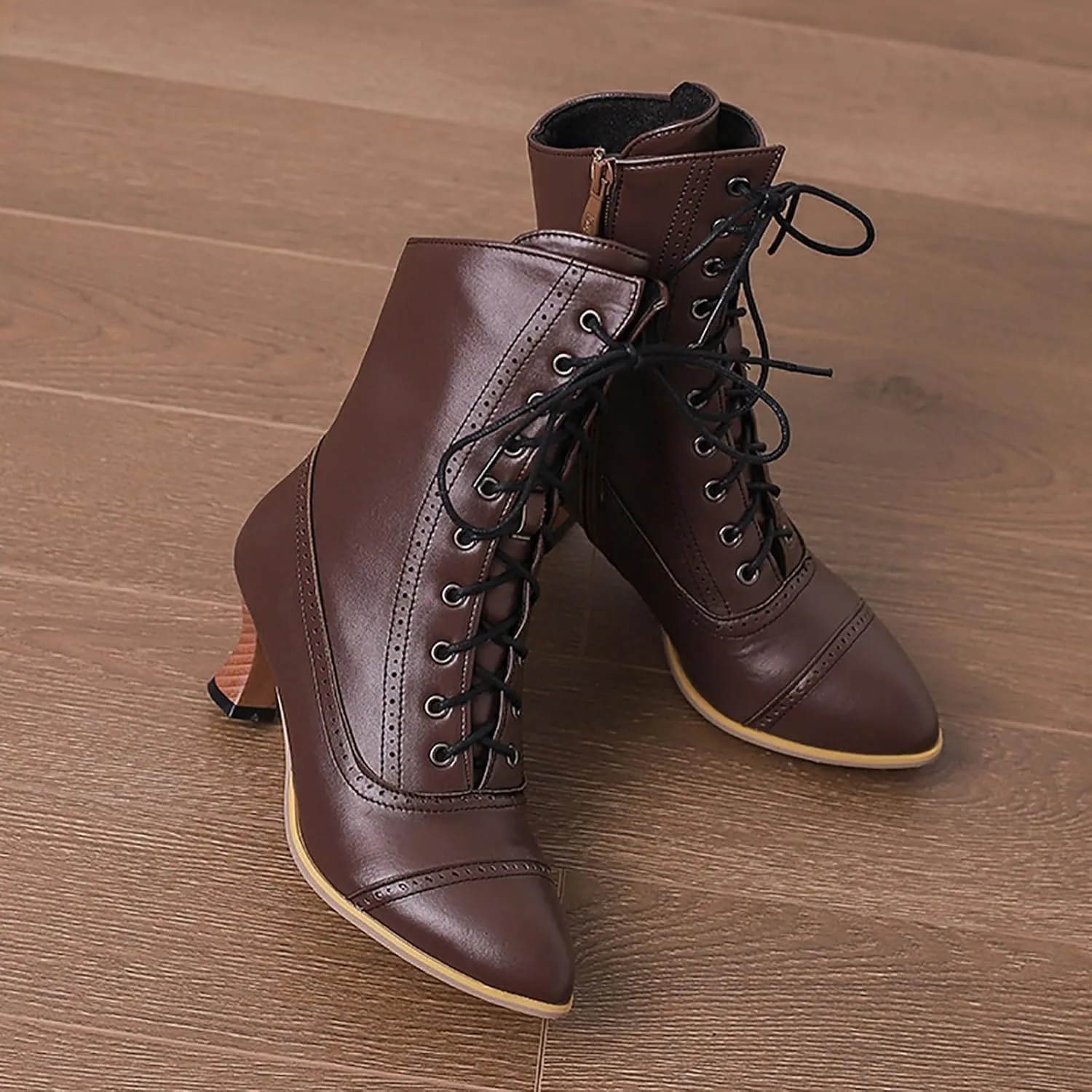 Women's Vintage Victorian Mid Calf Ankle Boots, Pointed Toe, Chunky Low Heel, Lace Up, Outdoor Knight Boots, Black