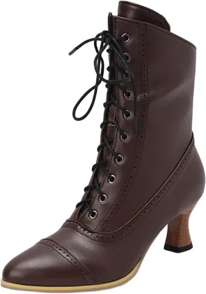 Women's Vintage Victorian Mid Calf Ankle Boots, Pointed Toe, Chunky Low Heel, Lace Up, Outdoor Knight Boots, Black