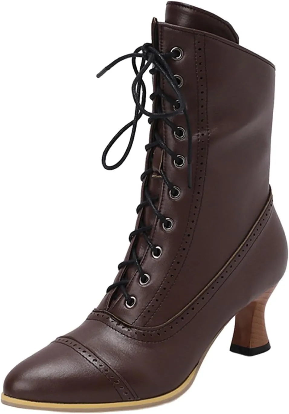 Women's Vintage Victorian Mid Calf Ankle Boots, Pointed Toe, Chunky Low Heel, Lace Up, Outdoor Knight Boots, Black