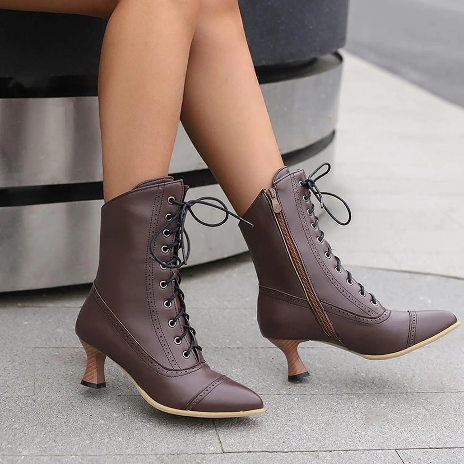 Women's Vintage Victorian Mid Calf Ankle Boots, Pointed Toe, Chunky Low Heel, Lace Up, Outdoor Knight Boots, Black
