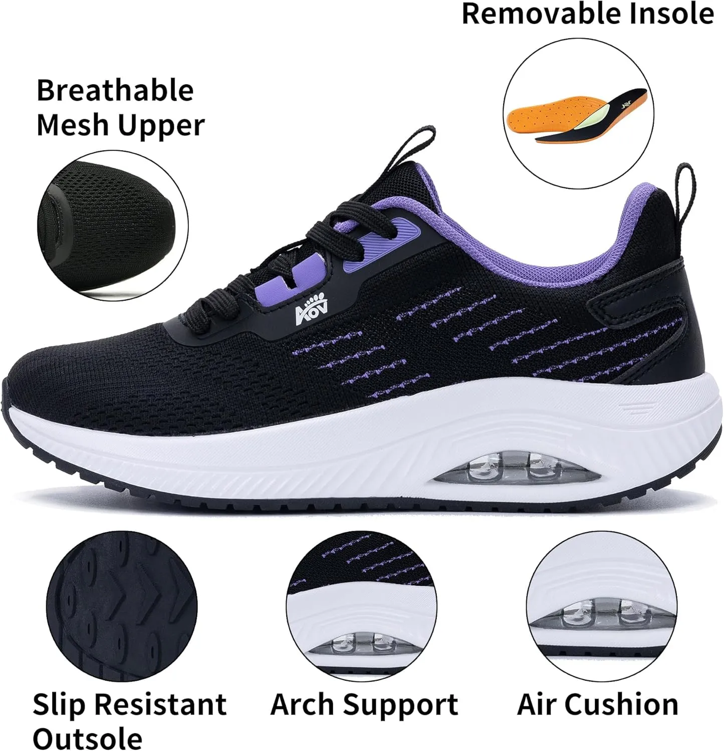 Women's Walking Shoes with Arch Support Orthotic Sneakers for Plantar Fasciitis Heel and Foot Pain Relief Tennis PurpleBlack Size 7.5