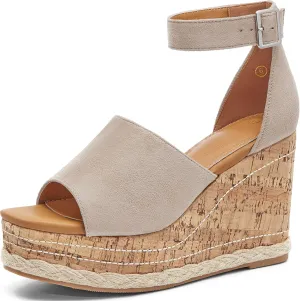 Women's Wedge Platform Espadrille Sandals Braided Open Square Toe Ankle Buckle Strappy Cork Sole Summer Shoes