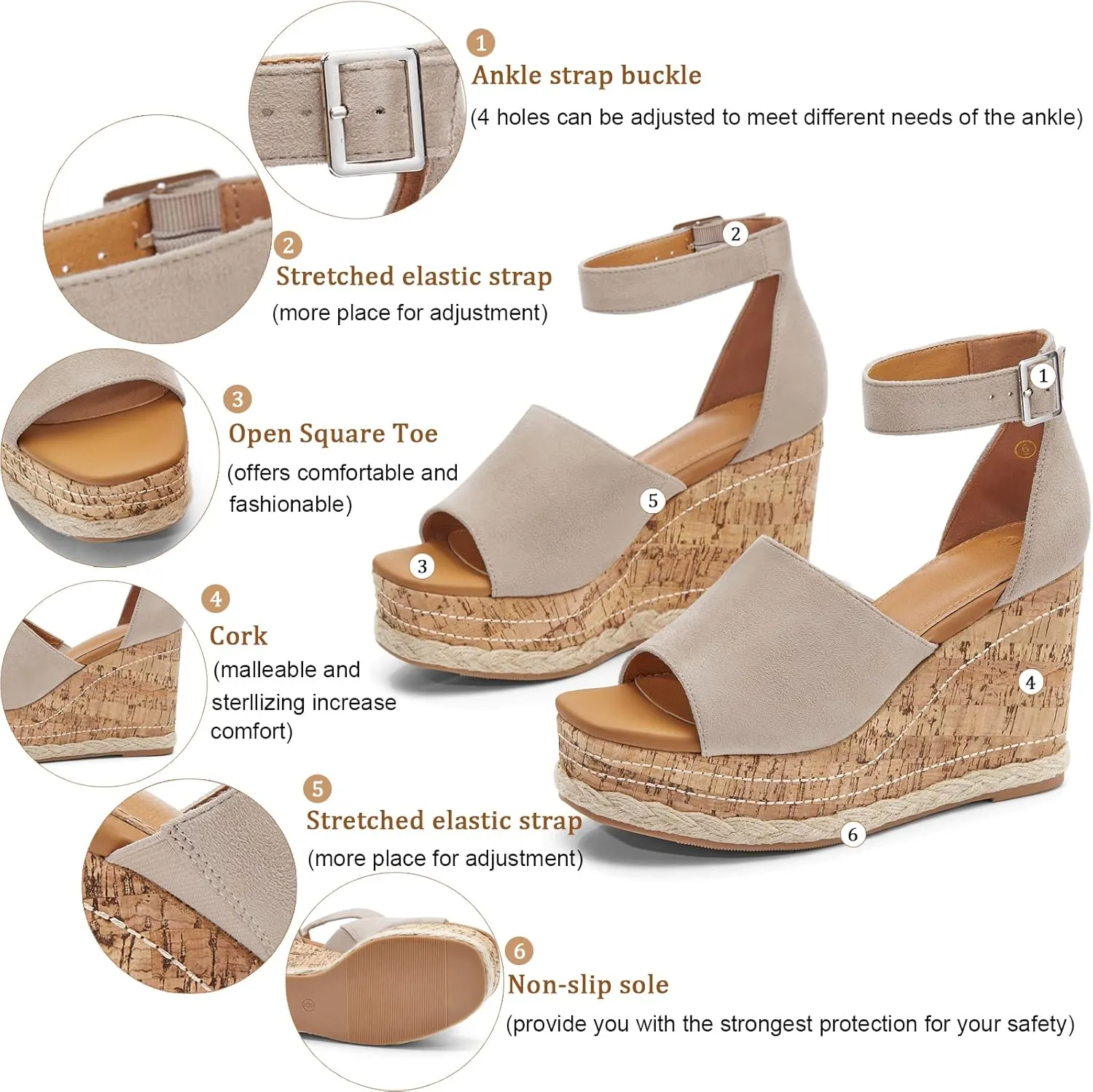 Women's Wedge Platform Espadrille Sandals Braided Open Square Toe Ankle Buckle Strappy Cork Sole Summer Shoes