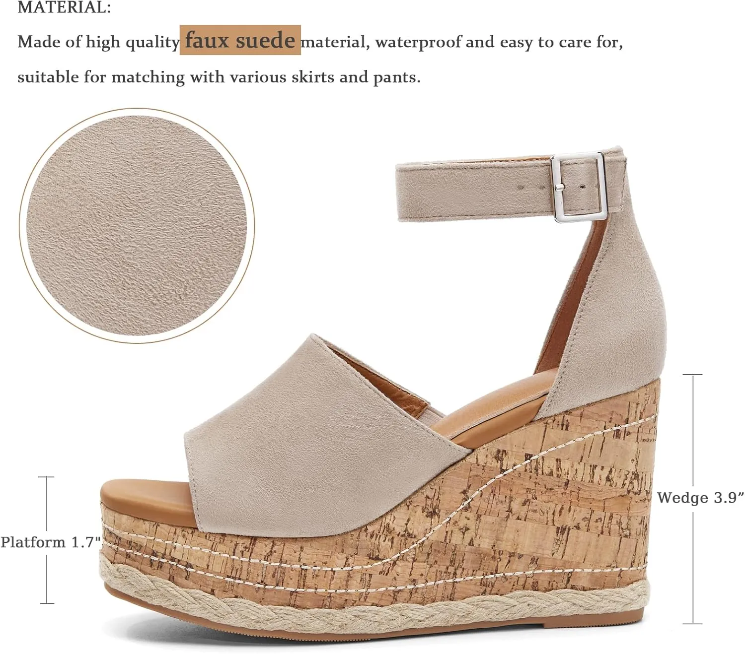 Women's Wedge Platform Espadrille Sandals Braided Open Square Toe Ankle Buckle Strappy Cork Sole Summer Shoes