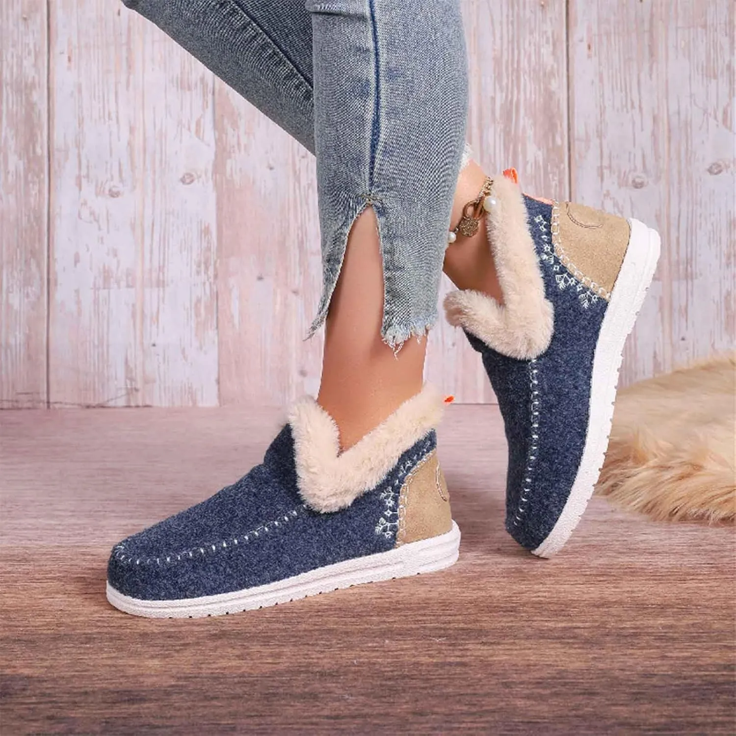Women's Winter Plush Lined Flat Shoes, Cozy Furry Slip-On Sneakers Warm Plush Lined, Casual Warm Snow Boots for Women (Brown,37)