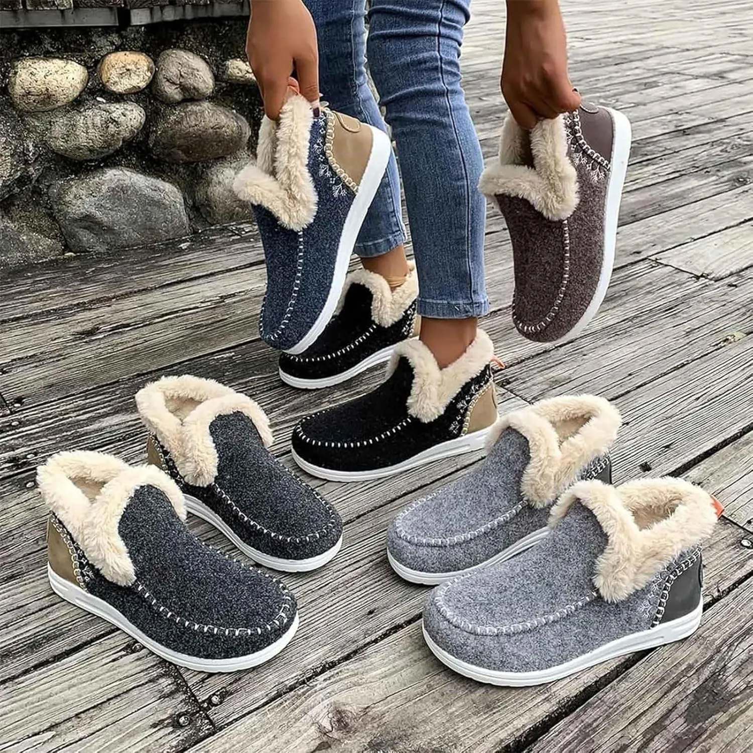 Women's Winter Plush Lined Flat Shoes, Cozy Furry Slip-On Sneakers Warm Plush Lined, Casual Warm Snow Boots for Women (Brown,37)