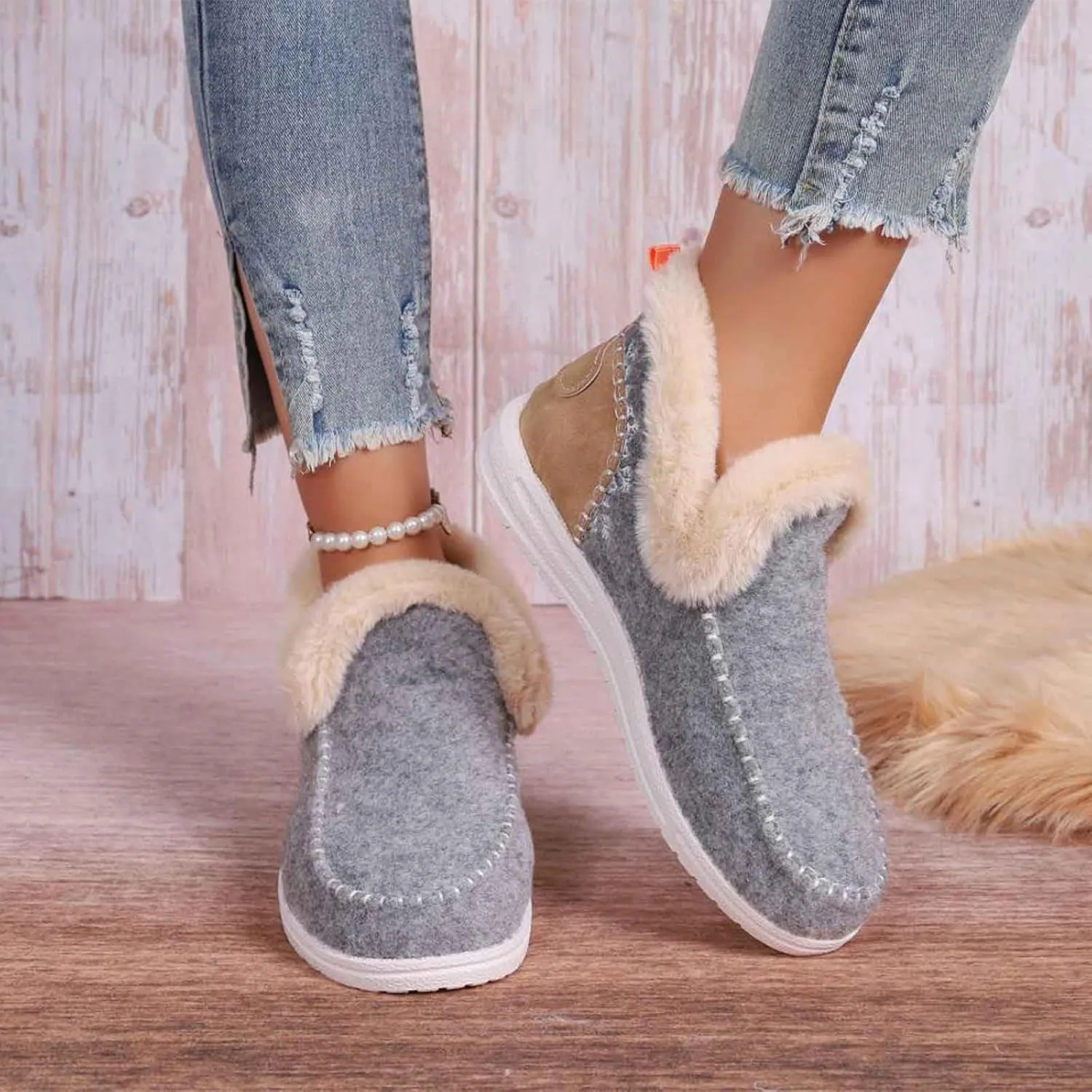 Women's Winter Plush Lined Flat Shoes, Cozy Furry Slip-On Sneakers Warm Plush Lined, Casual Warm Snow Boots for Women (Brown,37)