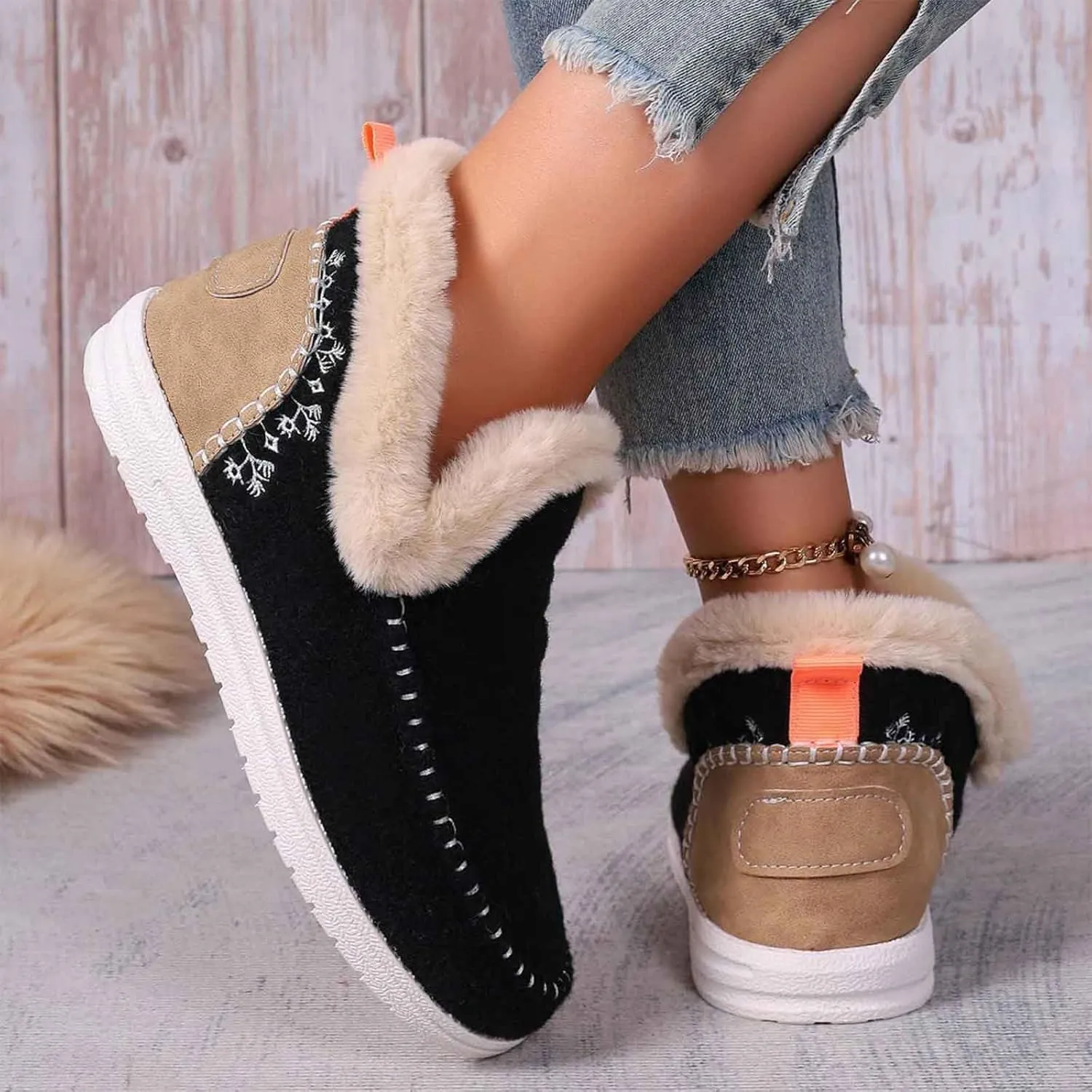 Women's Winter Plush Lined Flat Shoes, Cozy Furry Slip-On Sneakers Warm Plush Lined, Casual Warm Snow Boots for Women (Brown,37)