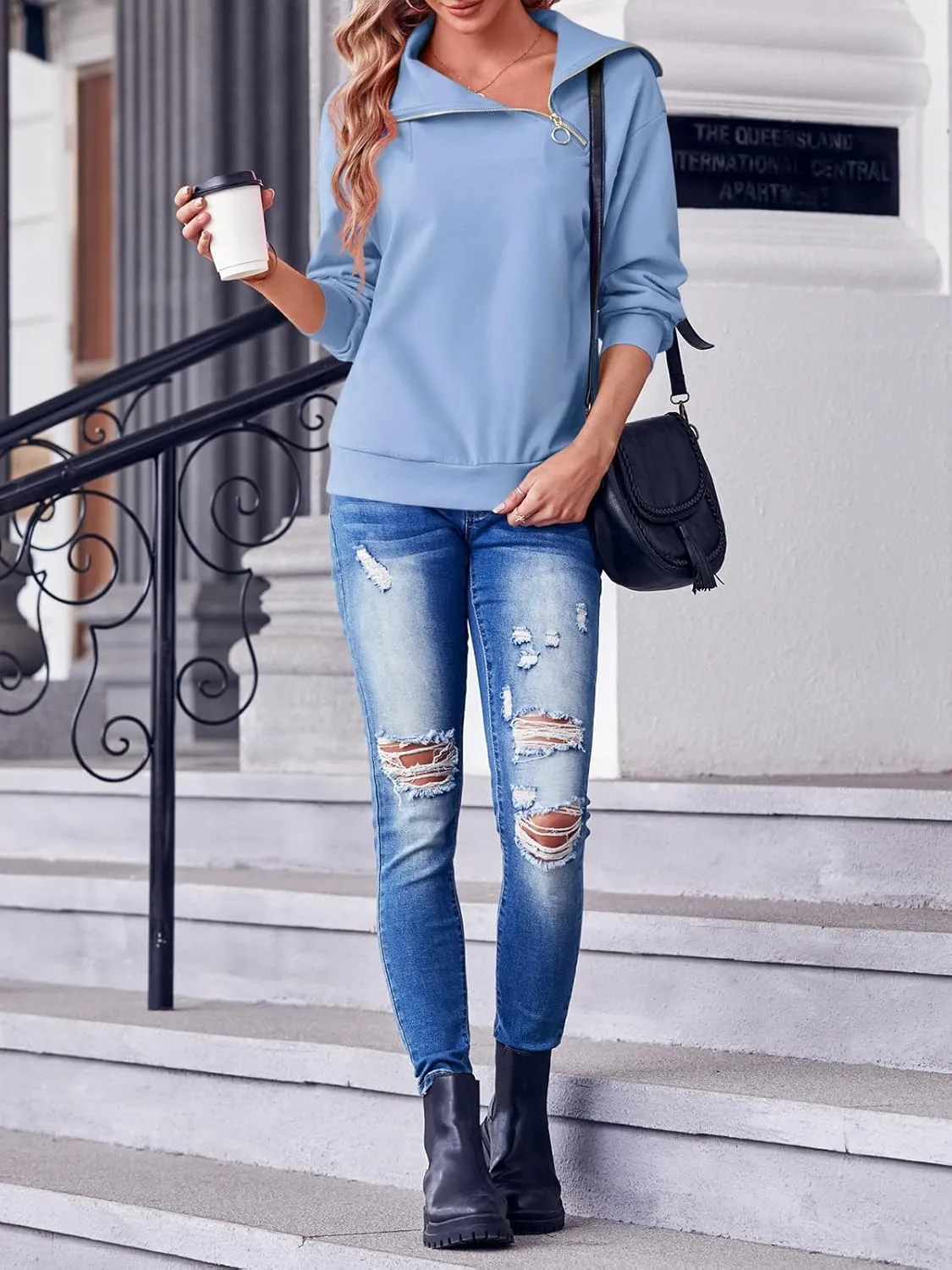 Womens Zipper Sweatshirt Turtleneck Long Sleeve Pullover Casual Loose Sweatshirts Top T Shirts