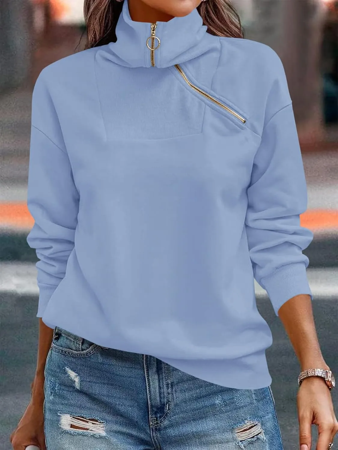 Womens Zipper Sweatshirt Turtleneck Long Sleeve Pullover Casual Loose Sweatshirts Top T Shirts