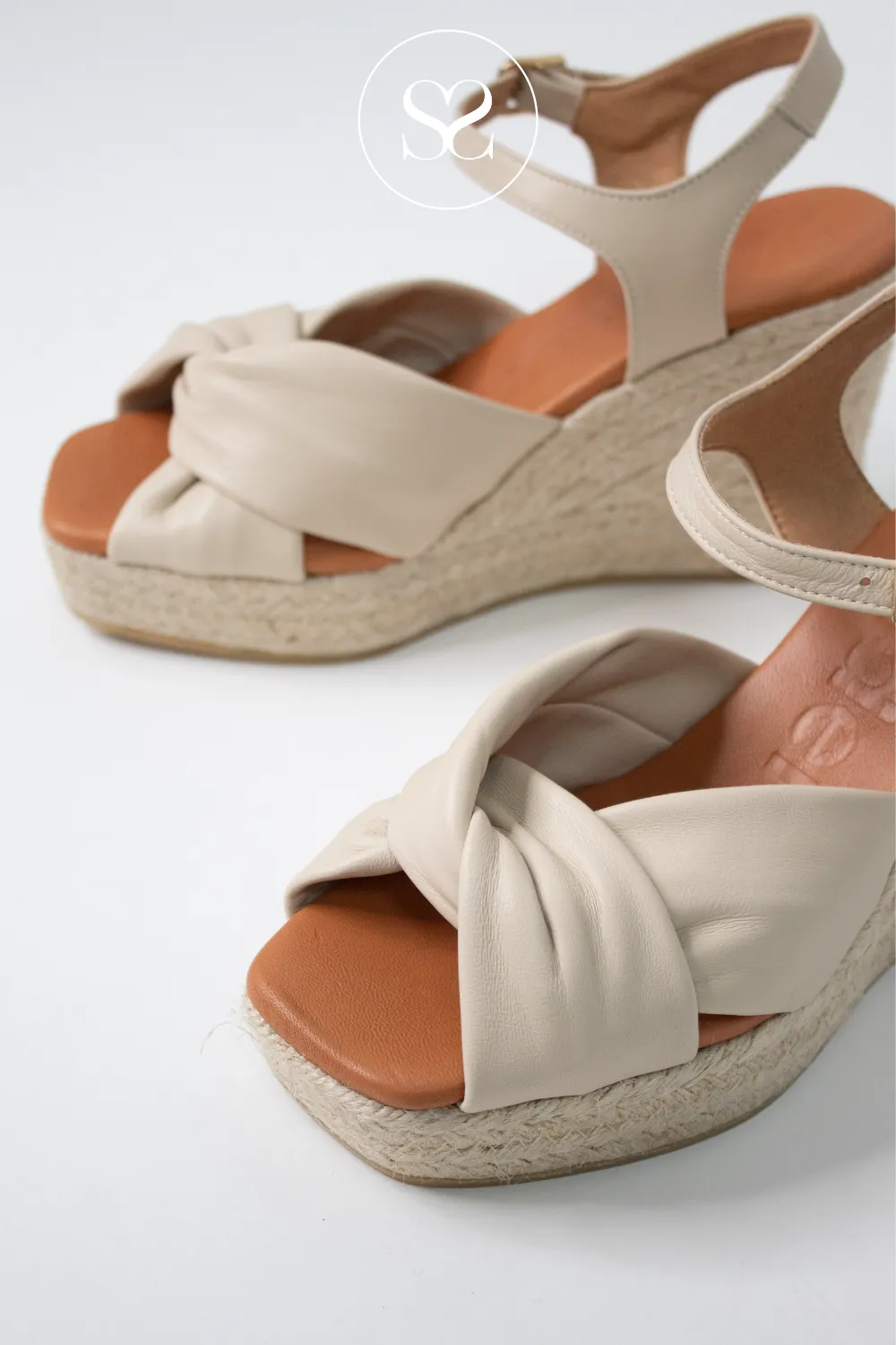 WONDERS YH-SO522 CREAM LEATHER WEDGE ESPADRILLE SANDALS