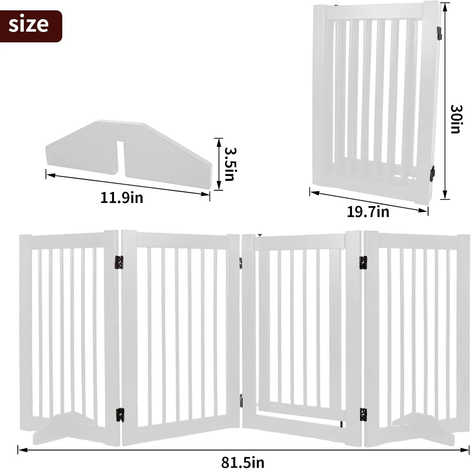 Wooden Freestanding Pet Gate, Pet Gate for Dogs, 29.5inch 4-Panel Wooden Dog Fence with 2 Support, Feet Folding Dog Gate for Indoor, Doorway, Stairs, Kitchen, 81.5“L×30”H (White)