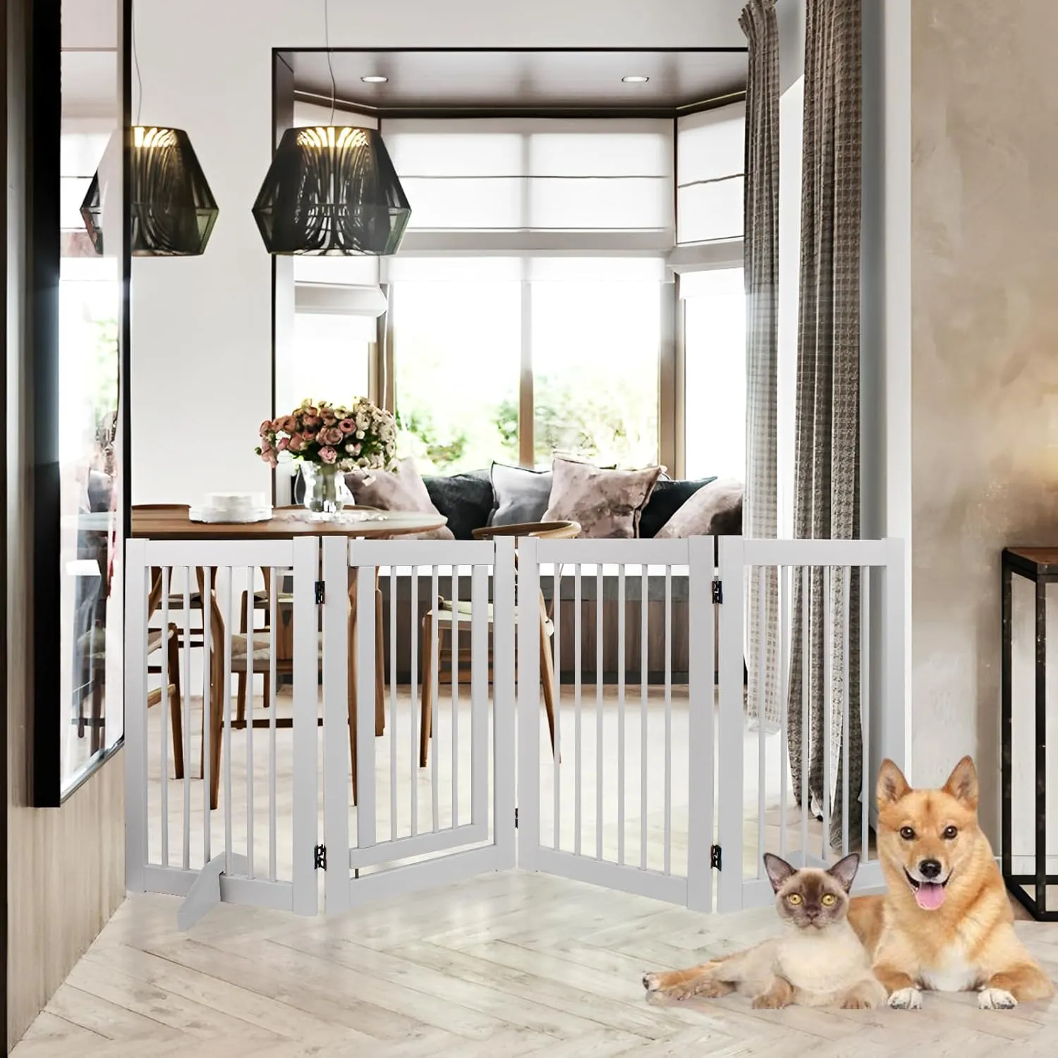 Wooden Freestanding Pet Gate, Pet Gate for Dogs, 29.5inch 4-Panel Wooden Dog Fence with 2 Support, Feet Folding Dog Gate for Indoor, Doorway, Stairs, Kitchen, 81.5“L×30”H (White)
