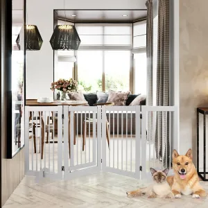 Wooden Freestanding Pet Gate, Pet Gate for Dogs, 29.5inch 4-Panel Wooden Dog Fence with 2 Support, Feet Folding Dog Gate for Indoor, Doorway, Stairs, Kitchen, 81.5“L×30”H (White)